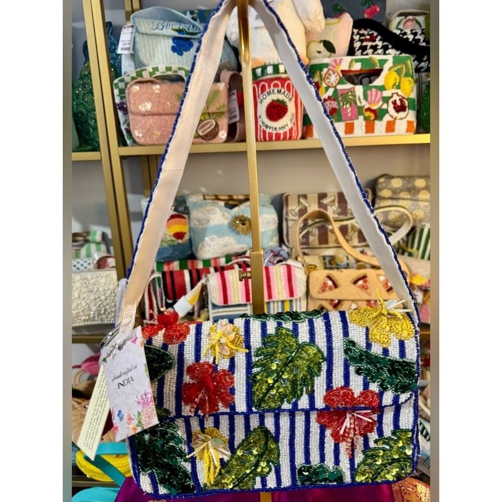NWT Handcrafted In India Beaded Tropical Striped Shoulder Bag